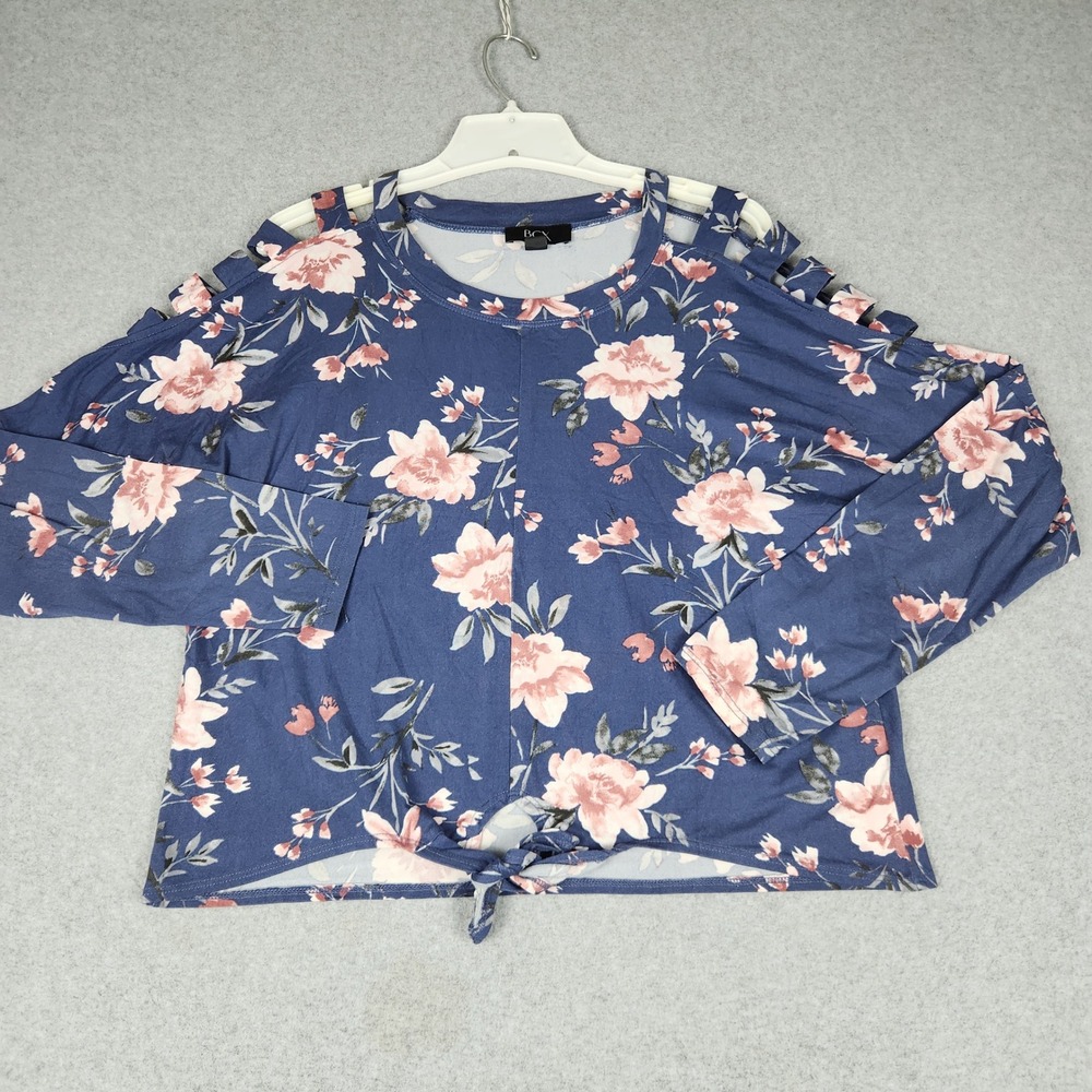 BCX Blouse Top Womens M Blue Floral Cold Shoulder Long Sleeve Casual Knot Hem